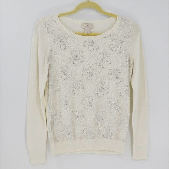 Loft Metallic Floral Print Lace Overlay Round Neck Pullover Knit Sweater Size M - Picture 1 of 5